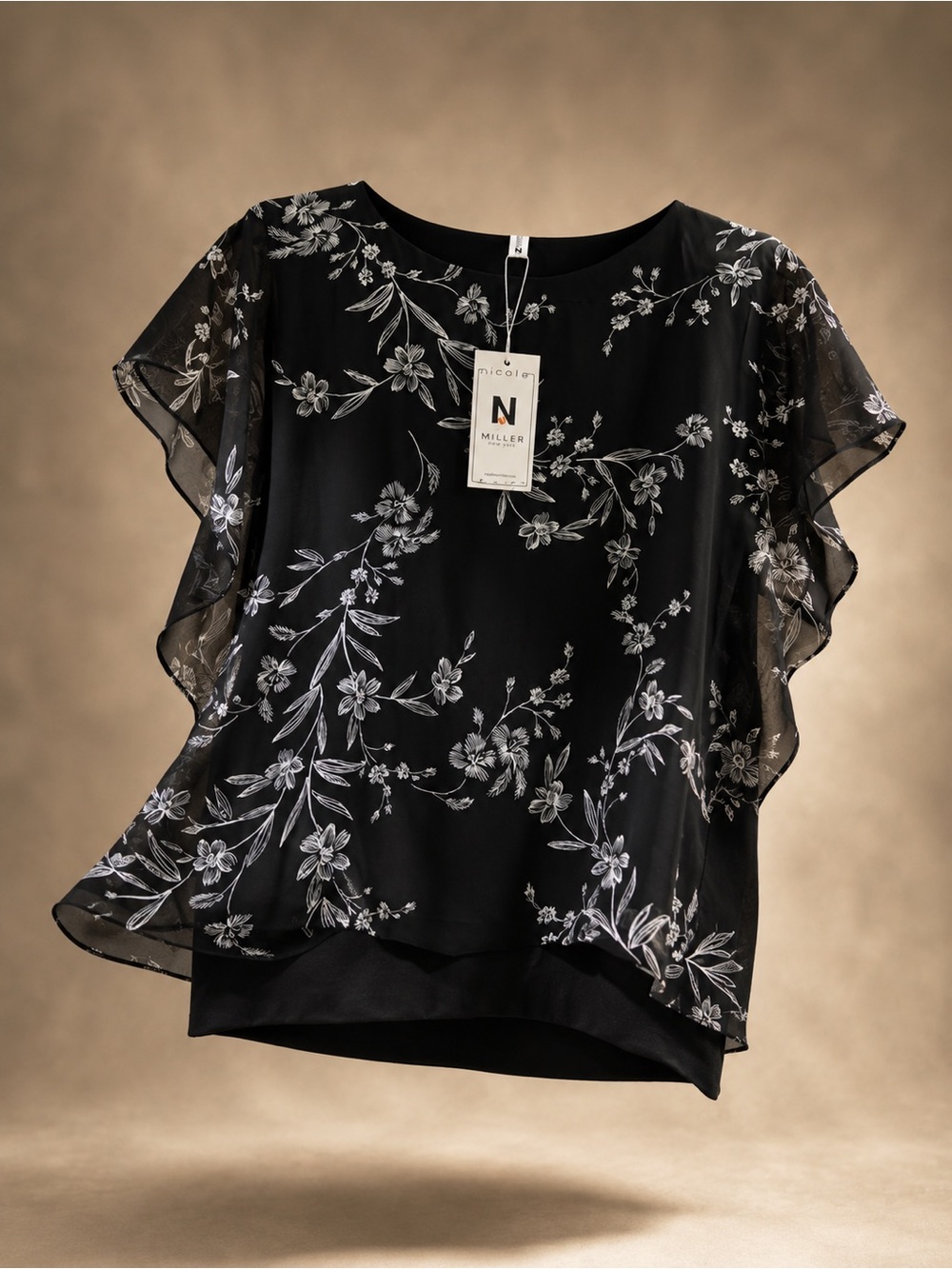 Nicole Miller Black Floral Sheer Layered Blouse